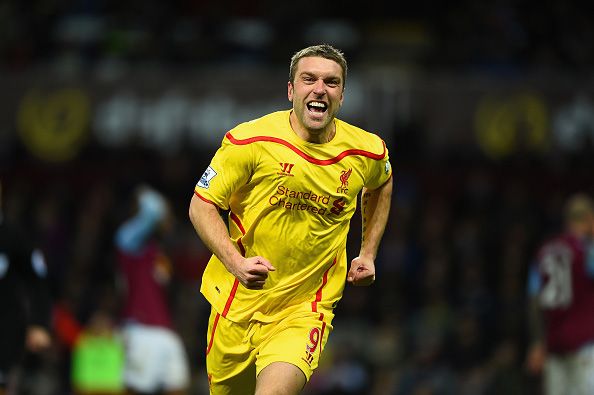 BIRMINGHAM, ENGLAND - JANUARY 17:  Rickie Lambert of Liverpool celebrates scoring their second goal during the Barclays Premier League match between Aston Villa and Liverpool at Villa Park on January 17, 2015 in Birmingham, England.  (Photo by Laurence Griffiths/Getty Images)