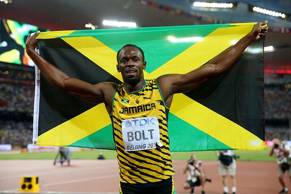 BEIJING, CHINA - AUGUST 27: Usain Bolt of Jamaica celebrates after winning gold in the Men's 200 metres final during day six of the 15th IAAF World Athletics Championships Beijing 2015 at Beijing National Stadium on August 27, 2015 in Beijing, China. (Photo by Alexander Hassenstein/Getty Images for IAAF)
