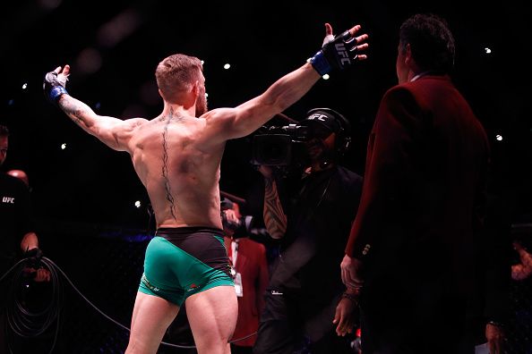 LAS VEGAS, NV - DECEMBER 12: Conor McGregor plays to the camera before his featherweight title fight against Jose Aldo during UFC 194 at MGM Grand Garden Arena on December 12, 2015 in Las Vegas, Nevada. (Photo by Steve Marcus/Getty Images)