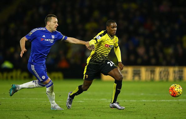WATFORD, ENGLAND - FEBRUARY 03:  Odion Ighalo of Watford is held back by John Terry of Chelsea during the Barclays Premier League match between Watford and Chelsea at Vicarage Road on February 3, 2016 in Watford, England.  (Photo by Richard Heathcote/Getty Images)