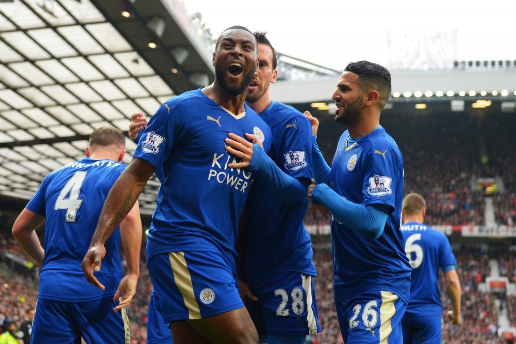 MANCHESTER, ENGLAND - MAY 01: Wes Morgan of Leicester City celebrates scoring his team's opening goal with team mates during the Barclays Premier League match between Manchester United and Leicester City at Old Trafford on May 1, 2016 in Manchester, England. (Photo by Michael Regan/Getty Images)