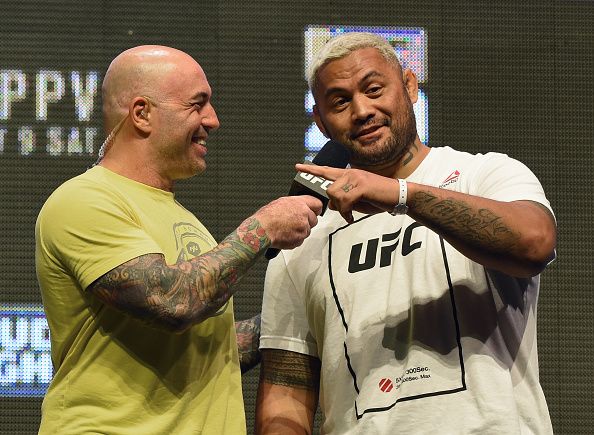 LAS VEGAS, NV - JULY 08: Commentator Joe Rogan (L) interviews mixed martial artist Mark Hunt after his weigh-in for UFC 200 at T-Mobile Arena on July 8, 2016 in Las Vegas, Nevada. Hunt will meet Brock Lesnar in a heavyweight bout on July 9 at T-Mobile Arena. (Photo by Ethan Miller/Getty Images)