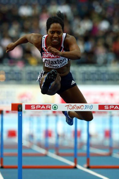 TORINO, ITALY - MARCH 06: Sarah Claxton of Great Britain competes in the Women's 60 m hurdles during day One of the European Athletics Indoor Championships at the Oval Lingotto on March 6, 2009 in Torino, Italy. (Photo by Michael Steele/Getty Images)