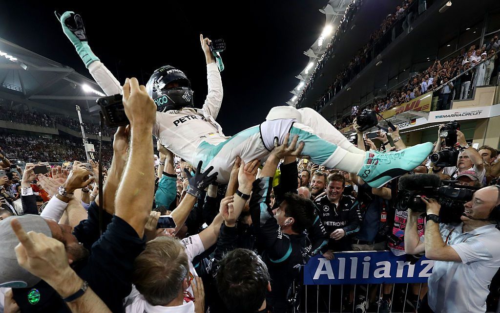 ABU DHABI, UNITED ARAB EMIRATES - NOVEMBER 27:  Nico Rosberg of Germany and Mercedes GP celebrates after finishing second and winning the World Drivers Championship during the Abu Dhabi Formula One Grand Prix at Yas Marina Circuit on November 27, 2016 in Abu Dhabi, United Arab Emirates.  (Photo by Lars Baron/Getty Images)