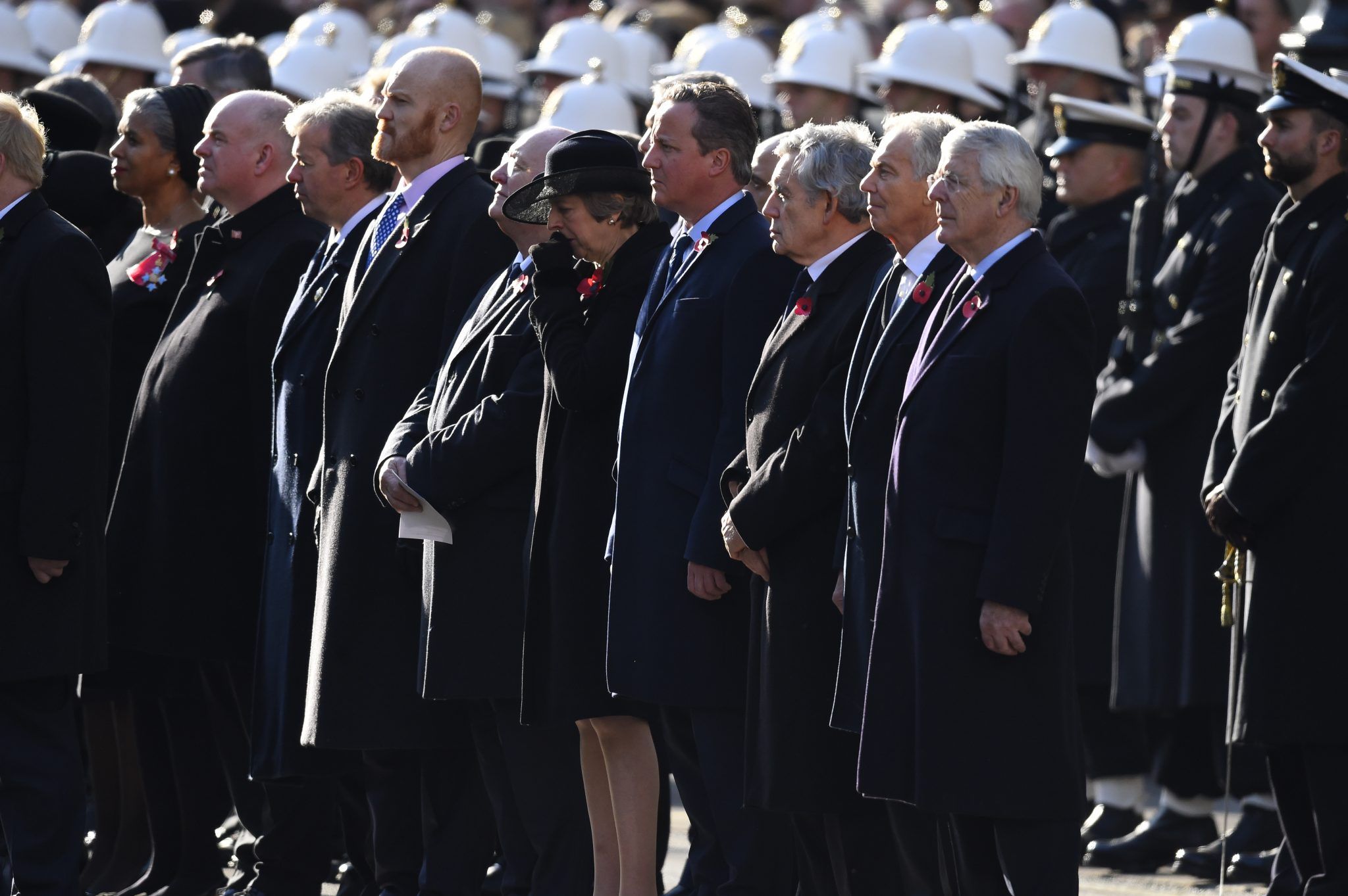 Former prime ministers Theresa May, John Major, David Cameron, Tony Blair and Gordon Brown attend a Remembrance Sunday memorial.