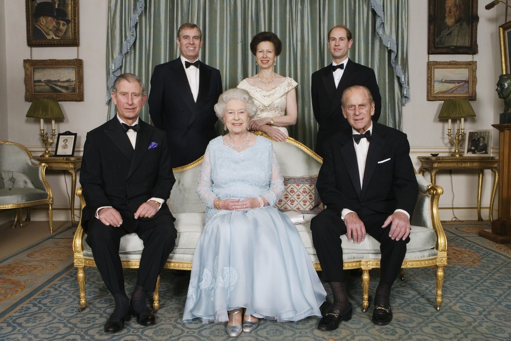 Back: Prince Andrew, Princess Anne, Prince Edward, Front: Prince Charles, Queen Elizabeth II, Prince Philip