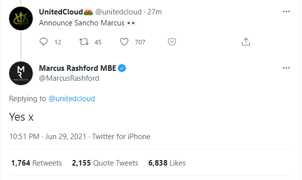 Rashford replies to tweet about Sancho