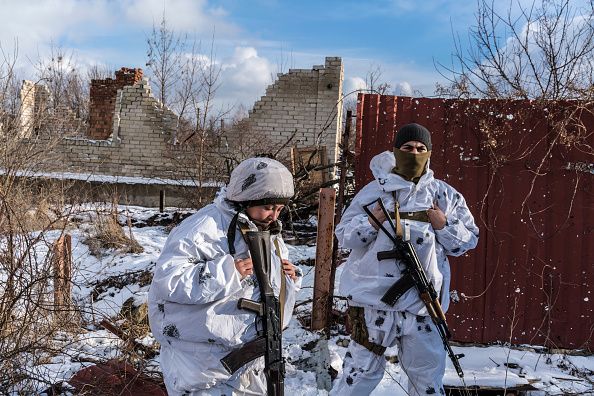 Ukrainian soldiers with the 56th Brigade, on the front line in Pisky on January 18, 2022