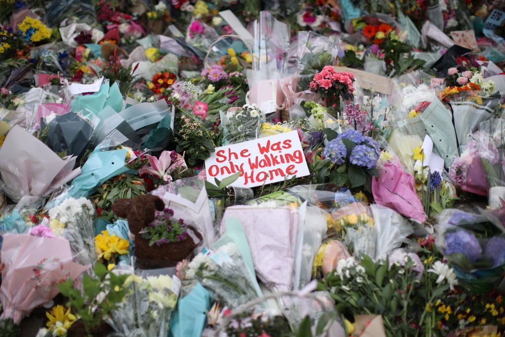 Flowers placed in tribute to Sarah Everard on Clapham Common on March 15, 2021 (Getty)