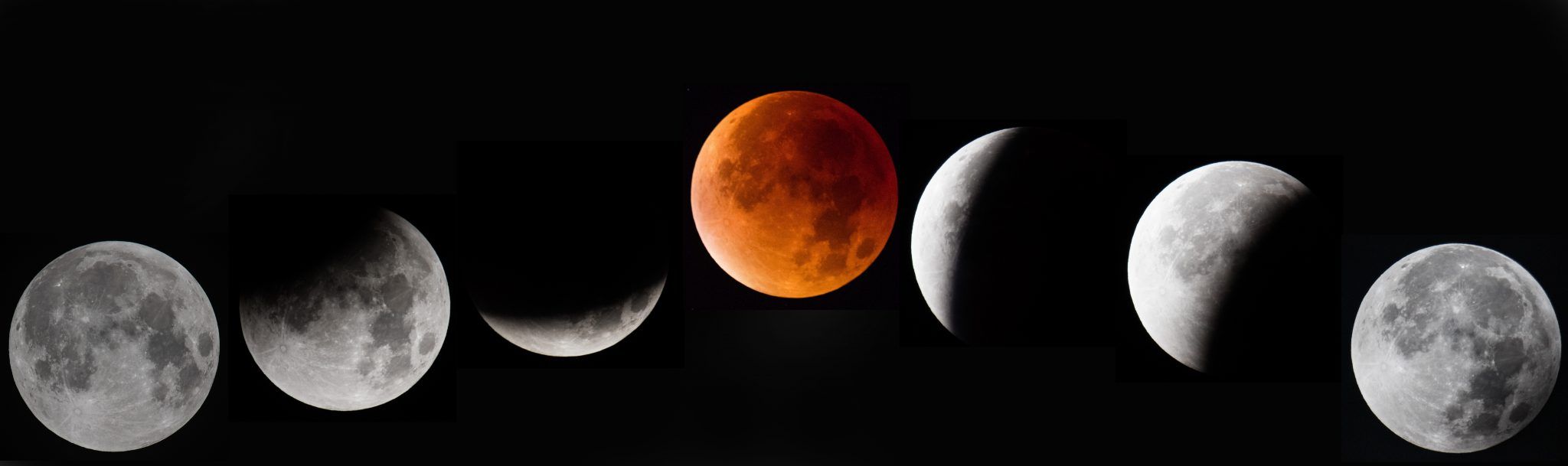 GLASTONBURY, UNITED KINGDOM - SEPTEMBER 28: (EDITORS NOTE: Image was created as a digital composite) In this composite image of seven different photographs the moon is seen as it enters and leaves a lunar eclipse on September 28, 2015 in Glastonbury, England. Tonight's supermoon - so called because it is the closest full moon to the Earth this year - is particularly rare as it coincides with a lunar eclipse, a combination that has not happened since 1982 and won't happen again until 2033. (Photo by Matt Cardy/Getty Images)