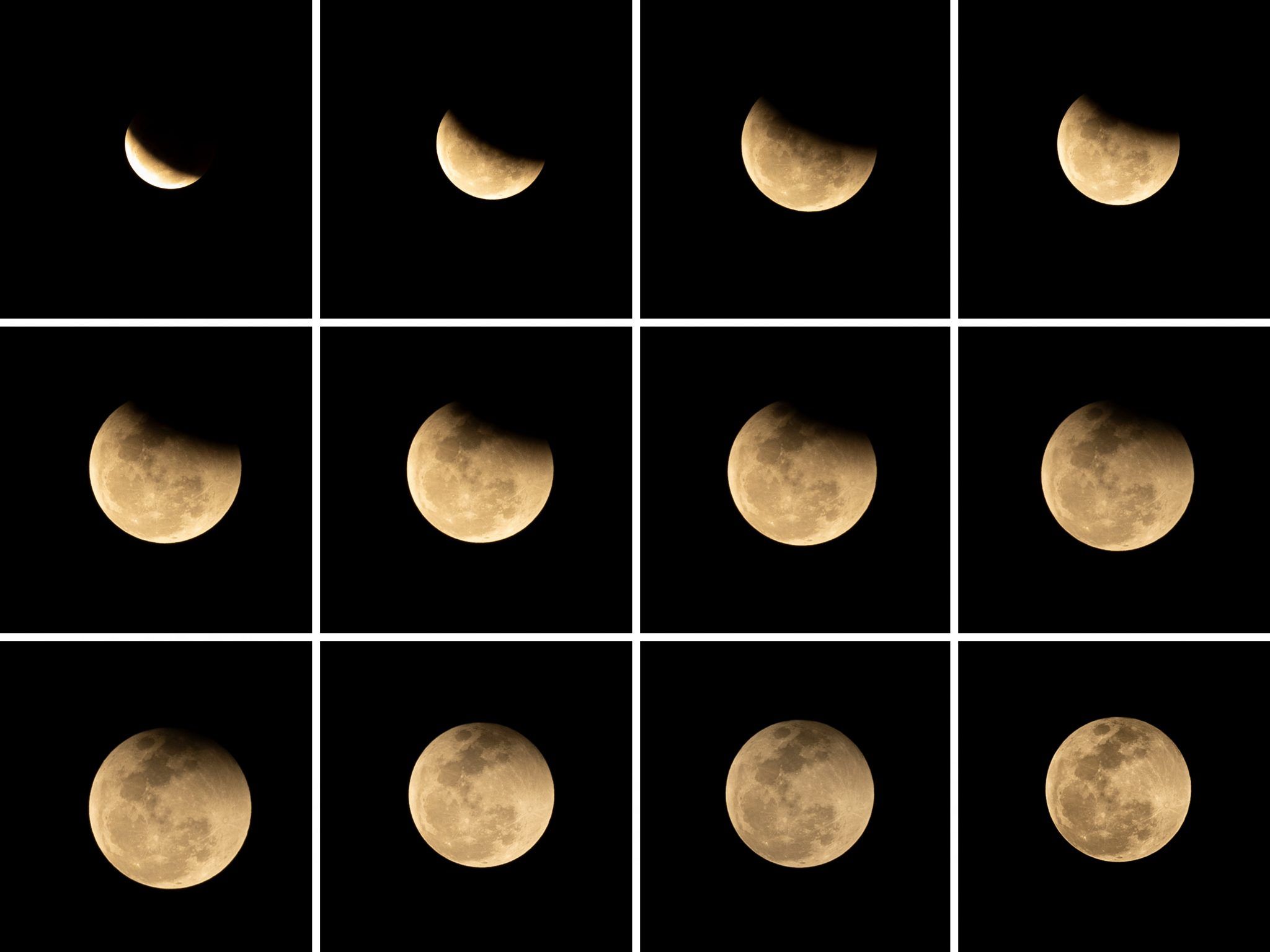 SURABAYA, INDONESIA - MAY 26: In this composite image the moon is seen as it emerges from a total lunar eclipse on May 26, 2021 in Surabaya, Indonesia. The moon will pass through Earth's shadow during this Super Blood Moon. Red light passes through the Earth's atmosphere while blue light is filtered out, causing the moon to appear red. The moon will also reach perigee or the closest point to Earth in its current orbit, making it appear larger to the eye than a regular full moon. (Photo by Robertus Pudyanto/Getty Images)