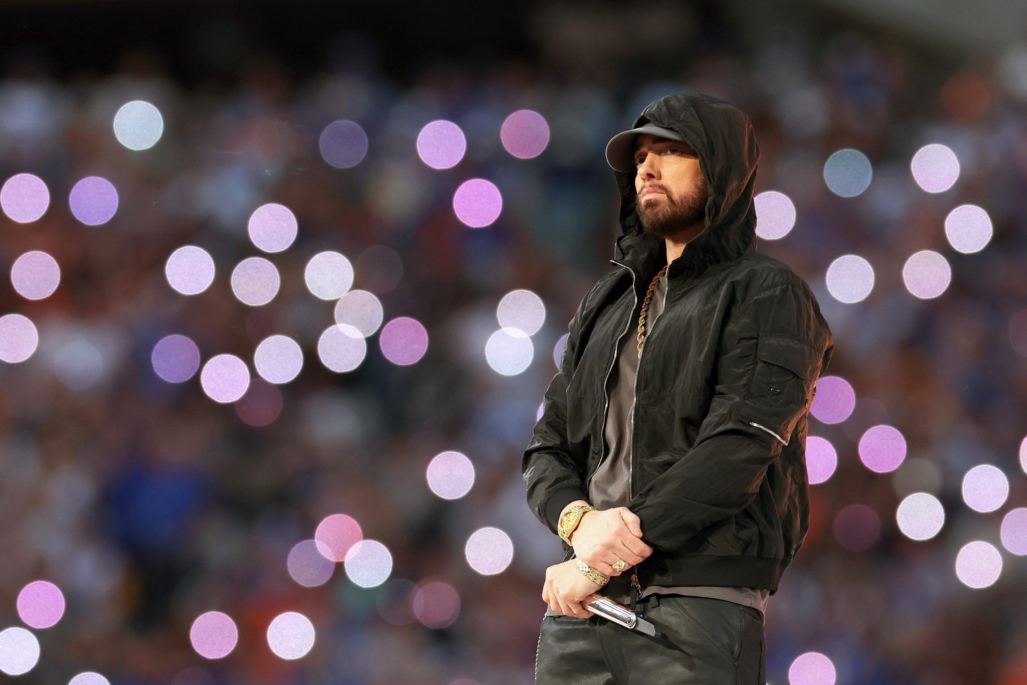 INGLEWOOD, CALIFORNIA - FEBRUARY 13: Eminem performs during the Pepsi Super Bowl LVI Halftime Show at SoFi Stadium on February 13, 2022 in Inglewood, California. (Photo by Kevin C. Cox/Getty Images)