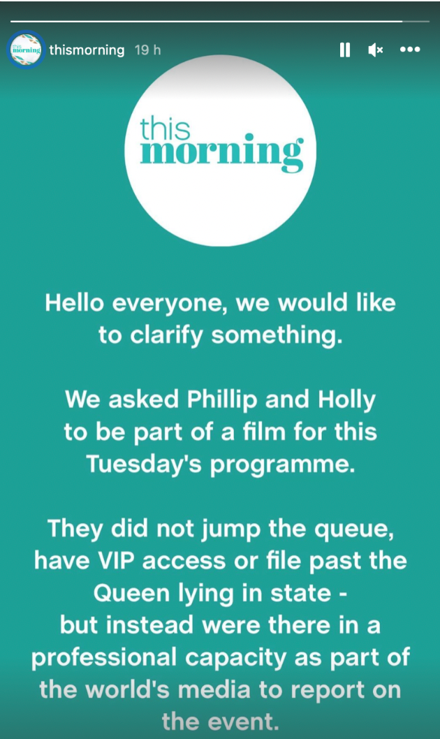 A statement on This Morning's Instagram story (Image: @thismorning)